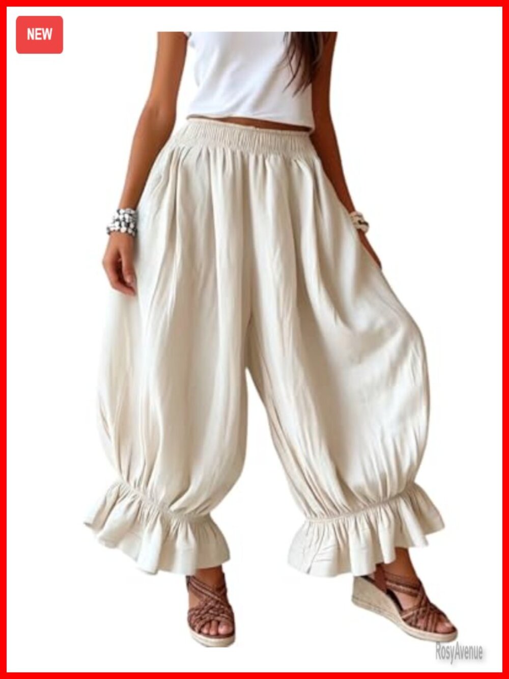 Women's Balloon Harem Cropped Wide Leg High Waist Ruffle Hem Pants